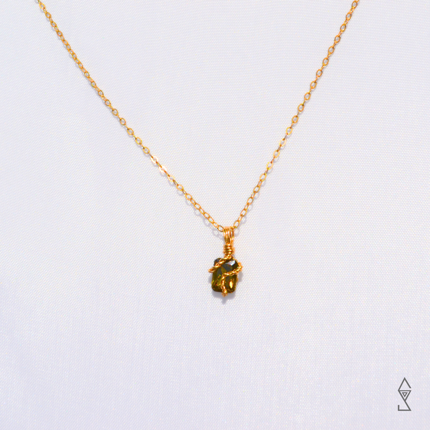 Small Peridot gemstone wrapped in 14K gold pendant crystal necklace for sale Australia