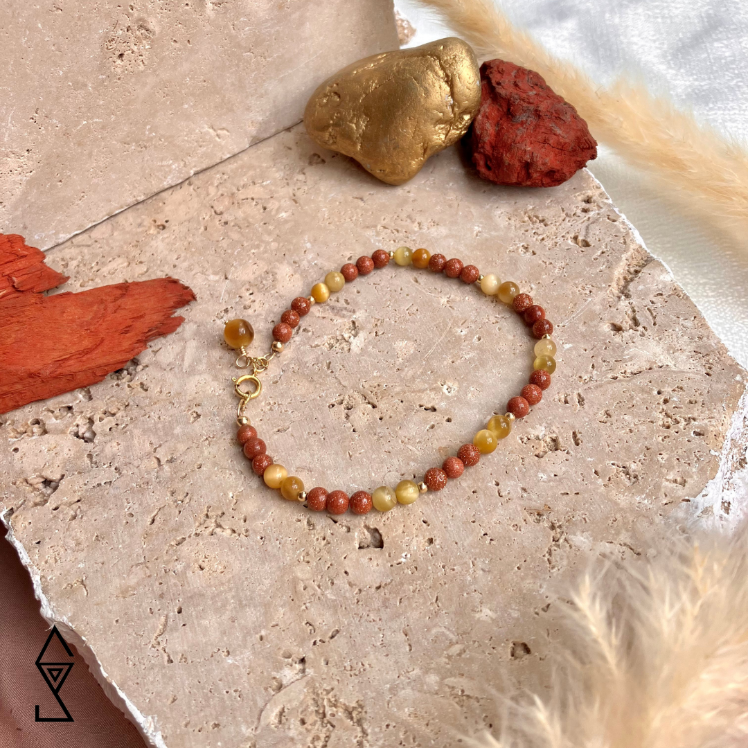 Yellow tigers eye and goldstone powerful crystal combo bracelet with 14K gold beads buy handmade gemstone jewelry australia