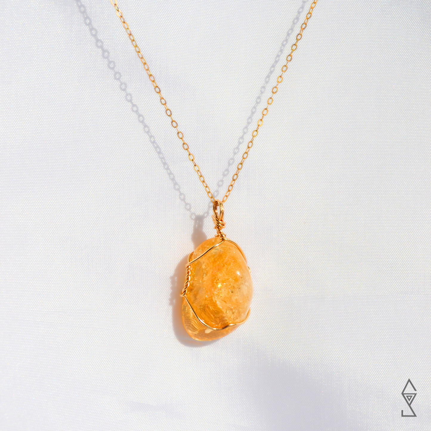 close up 14 k gold crystal pendant necklace with tumbled citrine stones handmade in crystal jewelry studio Melbourne