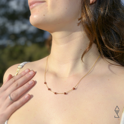 Goldstone beaded necklace golstone meaning in jewelry for heling and mental health. wellness brand crystal jewelry australia