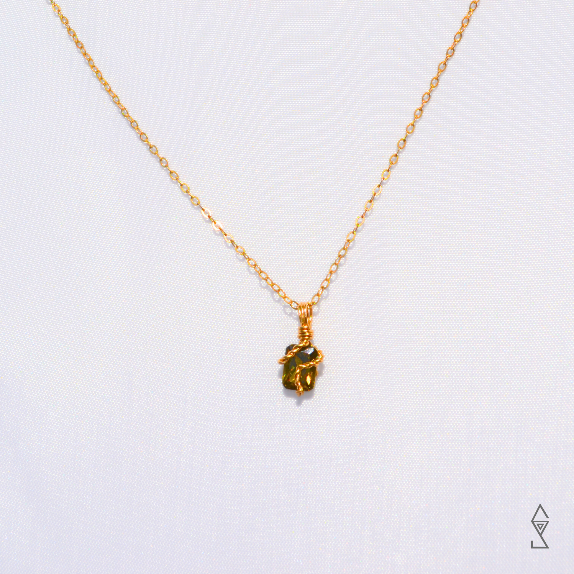 Small Peridot gemstone wrapped in 14K gold pendant  crystal necklace for sale Australia