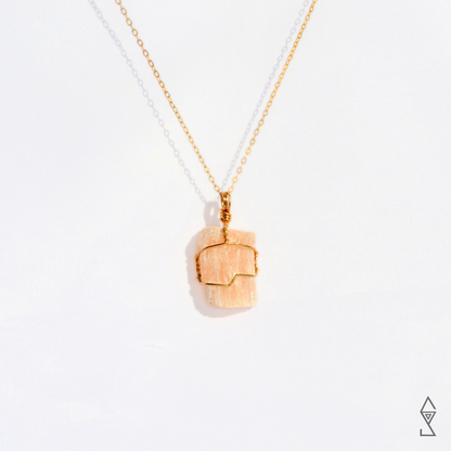 peach selenite necklace wrapped in 14K gold crystal jewelry australia