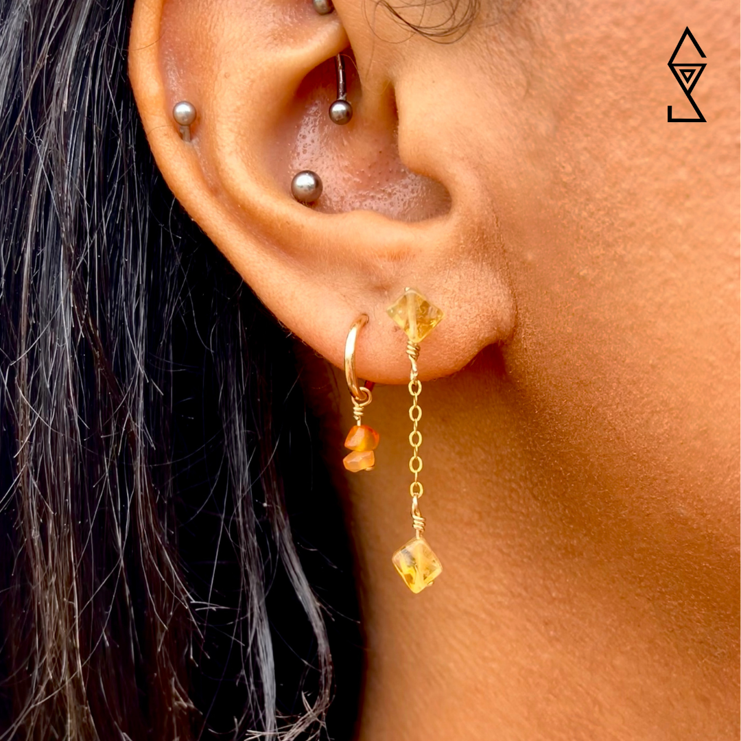 gold crystal earings including citrine hanging gemstone earring and citrine huggie earring with dangling beads 