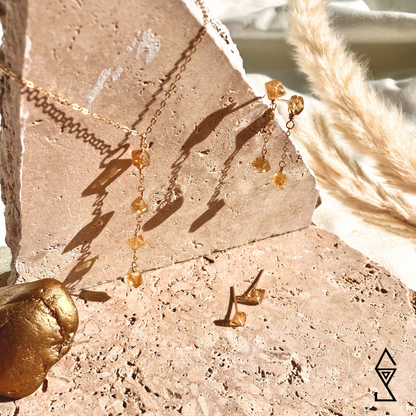 citrine crystal jewelry colleciton featuring citrine waterfall gold crystal necklace citrine studs and hanging bead earrings new trending australian jewerly