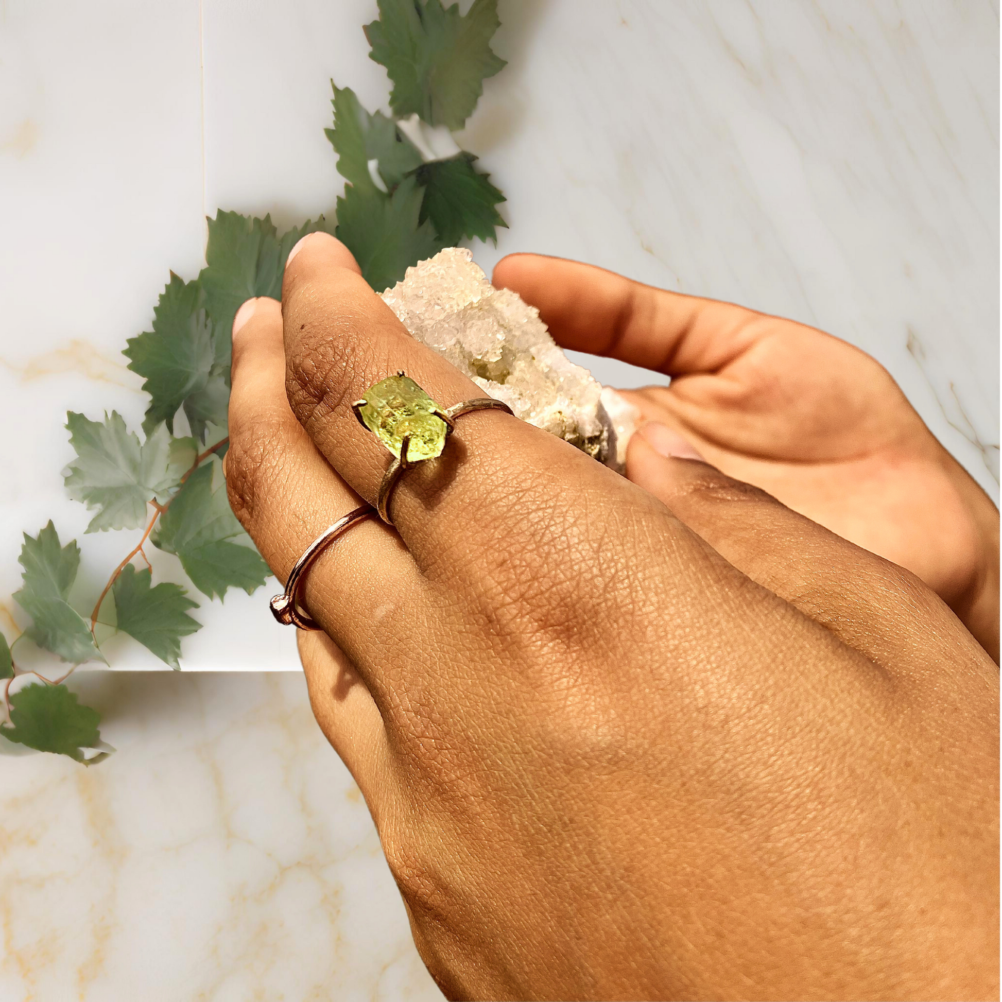lime green heliodor gemstone ring using natural formed crystals and 14k gold jewelry.