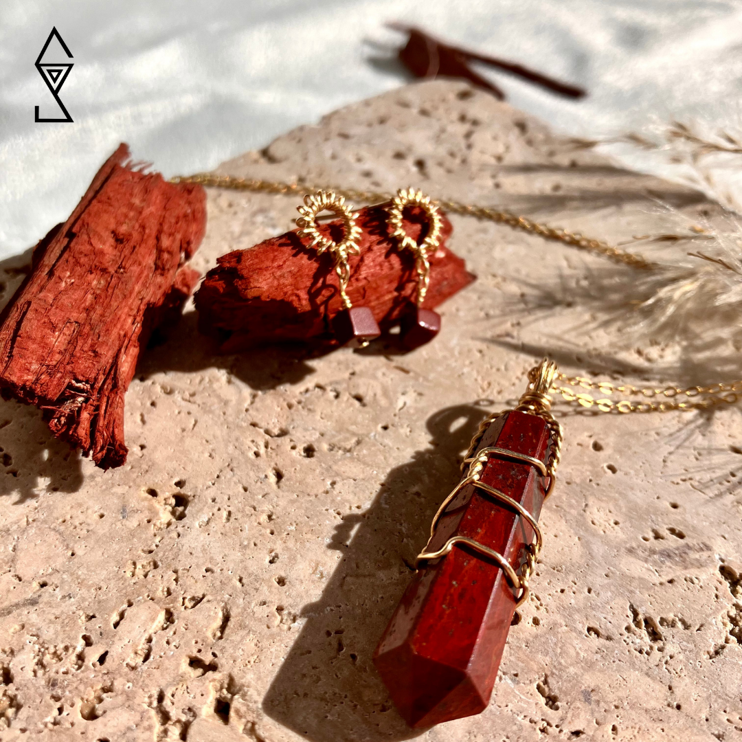 Red Jasper Crystal Point Pendant Grounding crystal jewelry shop near me by Sticks and Stones