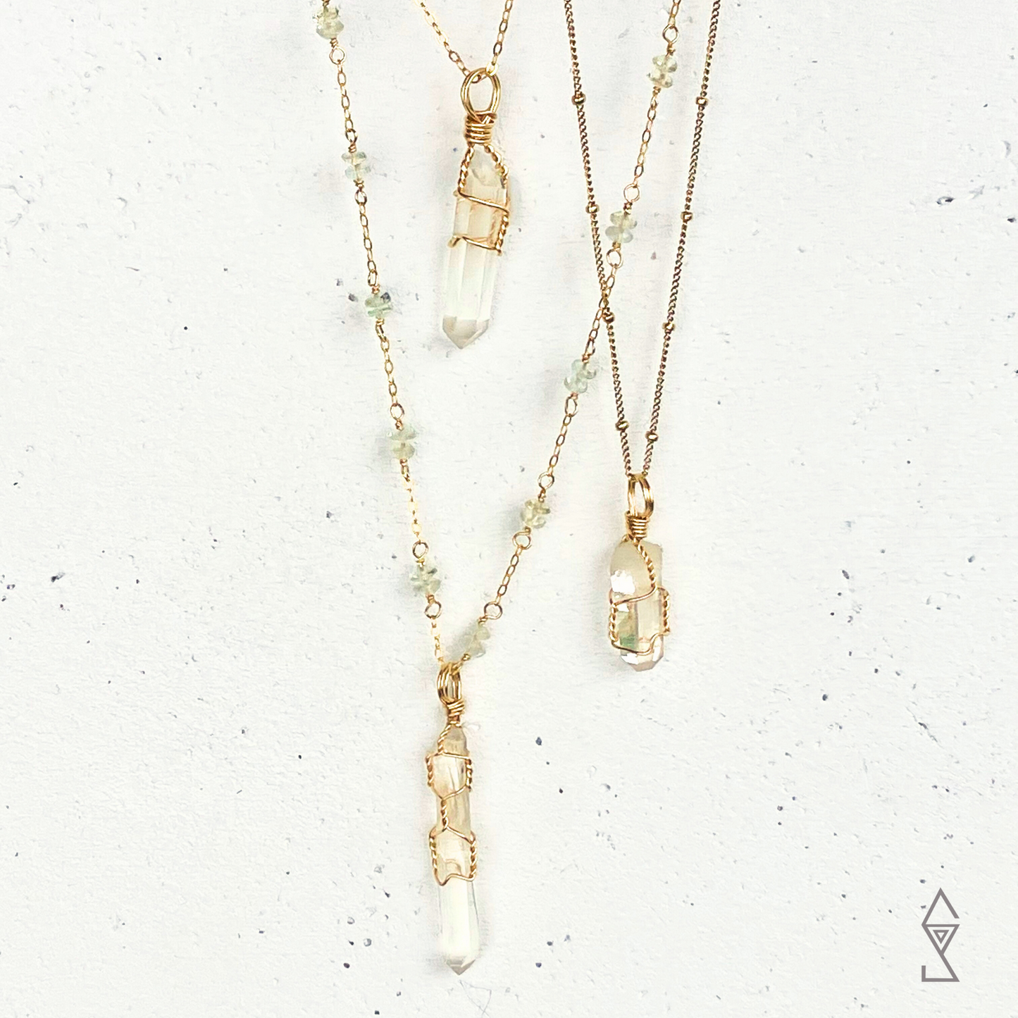 clear quartz necklace on custom 14K gold chains