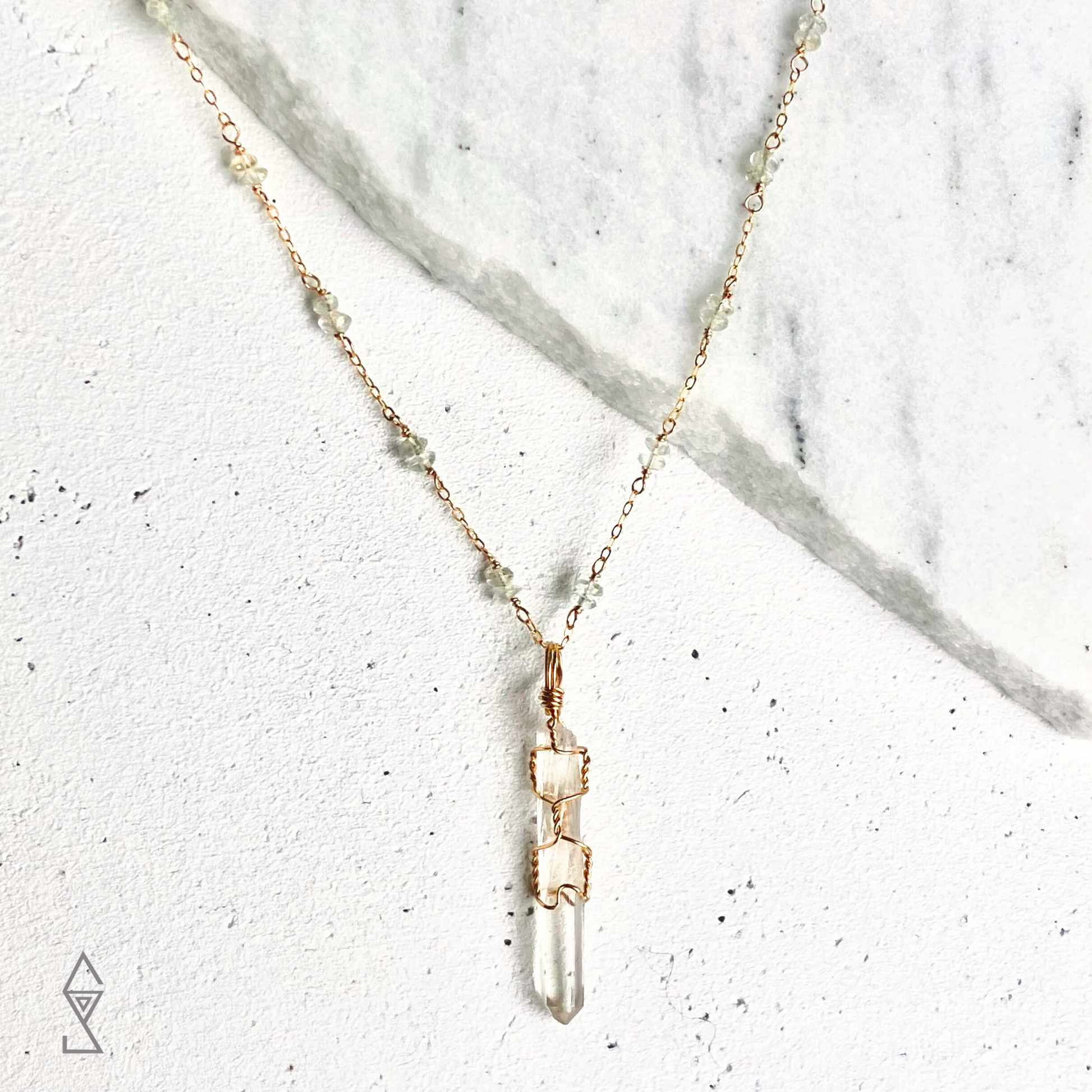 clear quartz point pendant necklace on clear quarts beaded chain 14k gold Shop crystal jewelry Melbourne