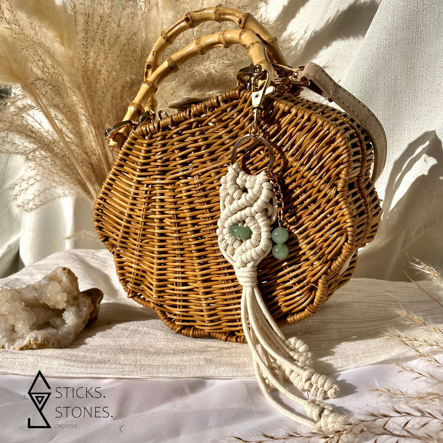 wicker boho bag and macrame crystal keychain for sale melbourne