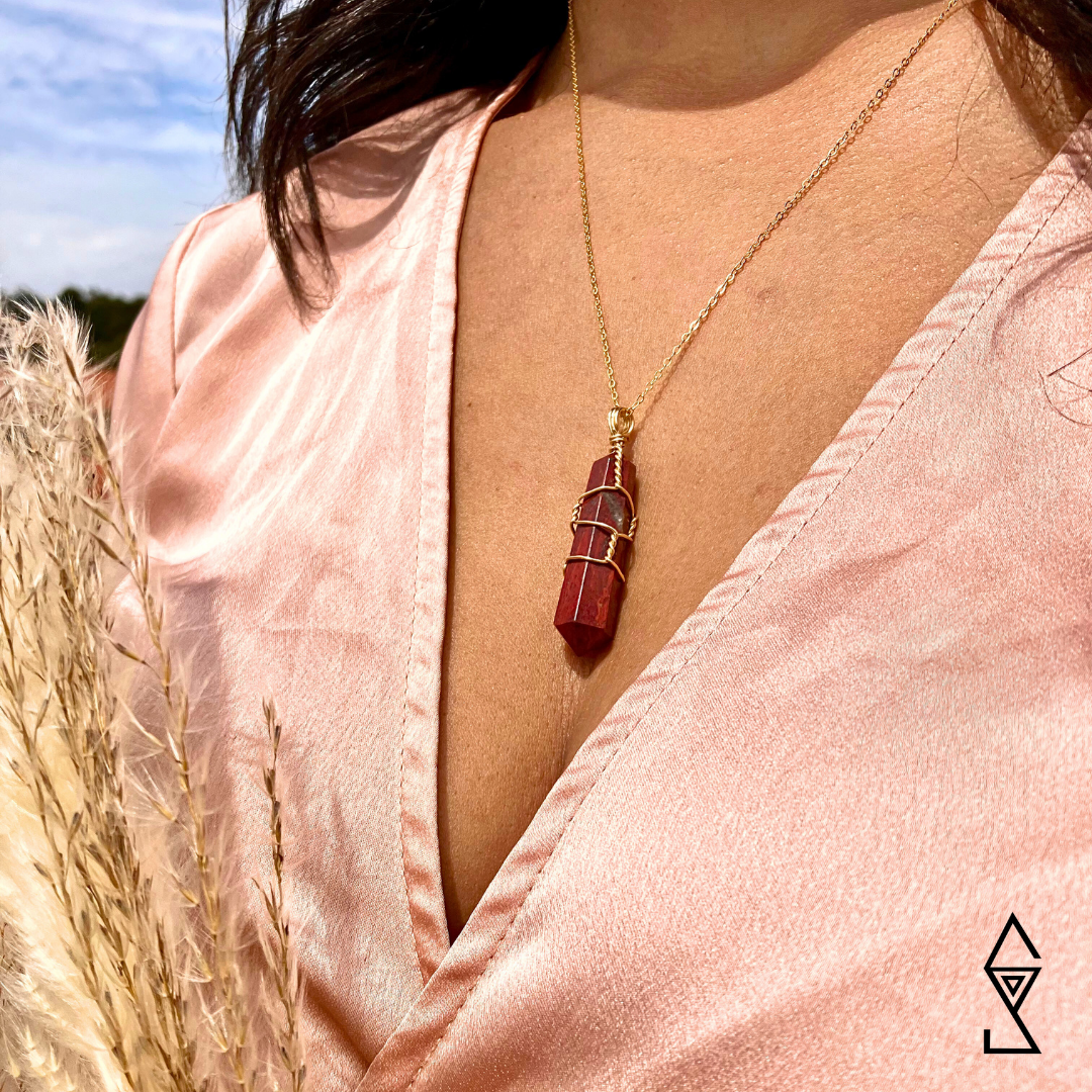 red jasper point pendant necklace wire wrapped in 14K gold for base chakra healing and grounding mindfulness studio melbourne