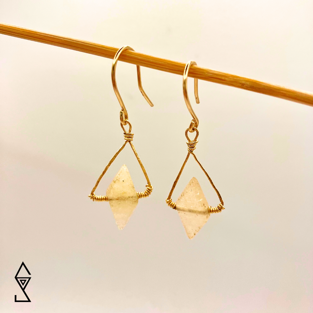 Pale Yellow Aventurine diamond shaped textured gold gemstone earrings australia