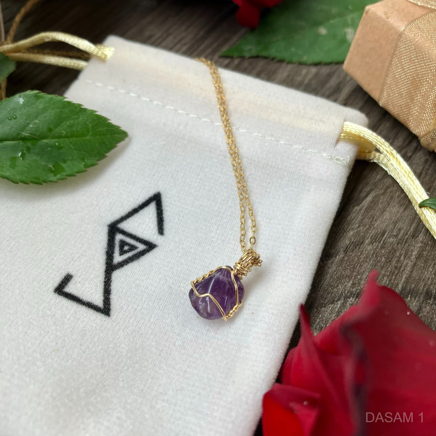 amethyst necklace wire wrapped in 14k gold from crystal wellness store Australia Sticks and Stones Creative