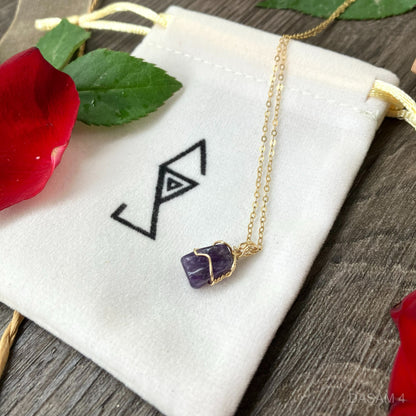 handmade small amethyst necklace in 14K gold. Shop Amethyst jewelry Australia