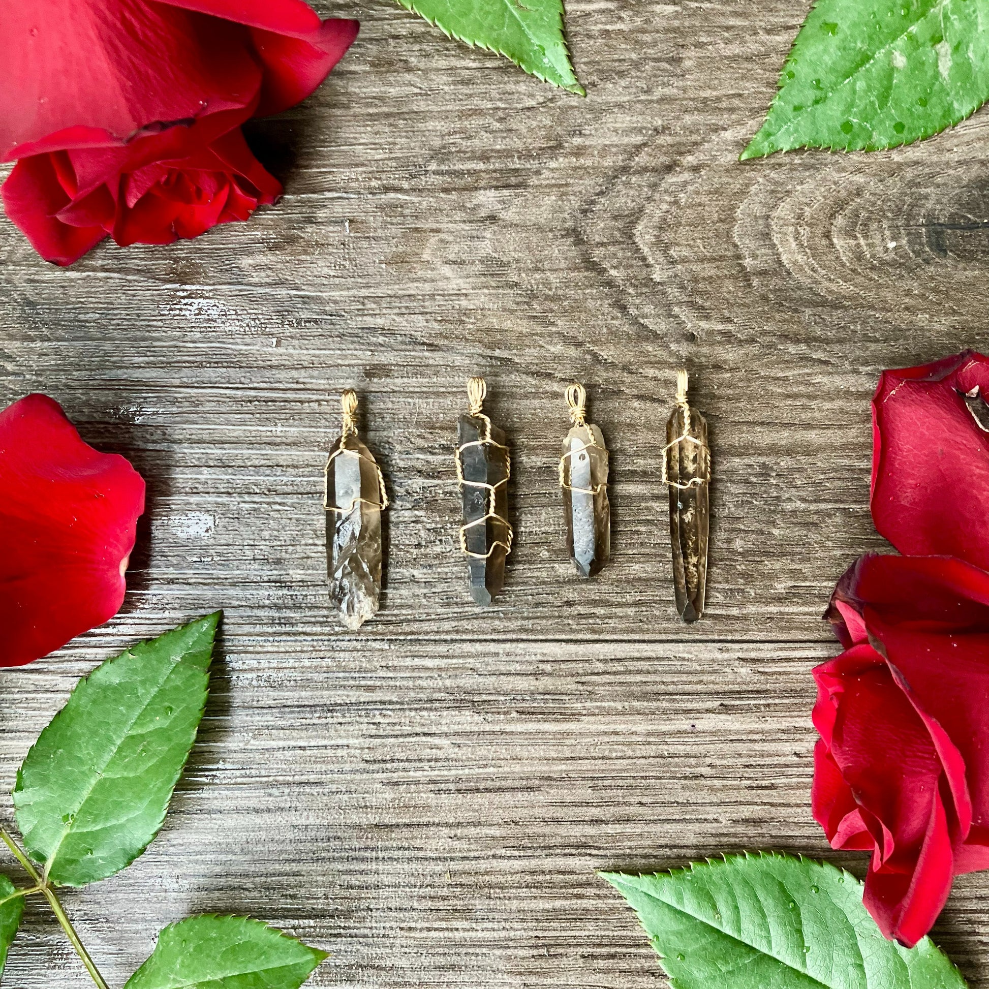 smoky quartz crystal necklace pendant. wire wrapped smokey quartz points