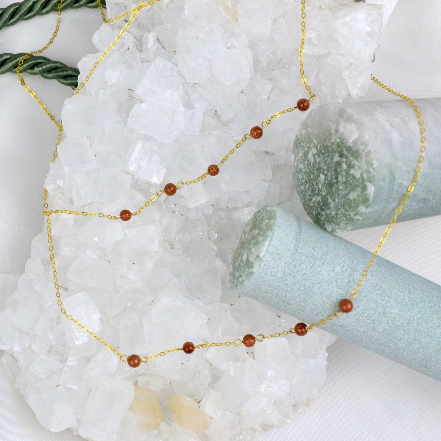 goldstone beaded necklace with 14K gold crystal jewelry with healing crystals