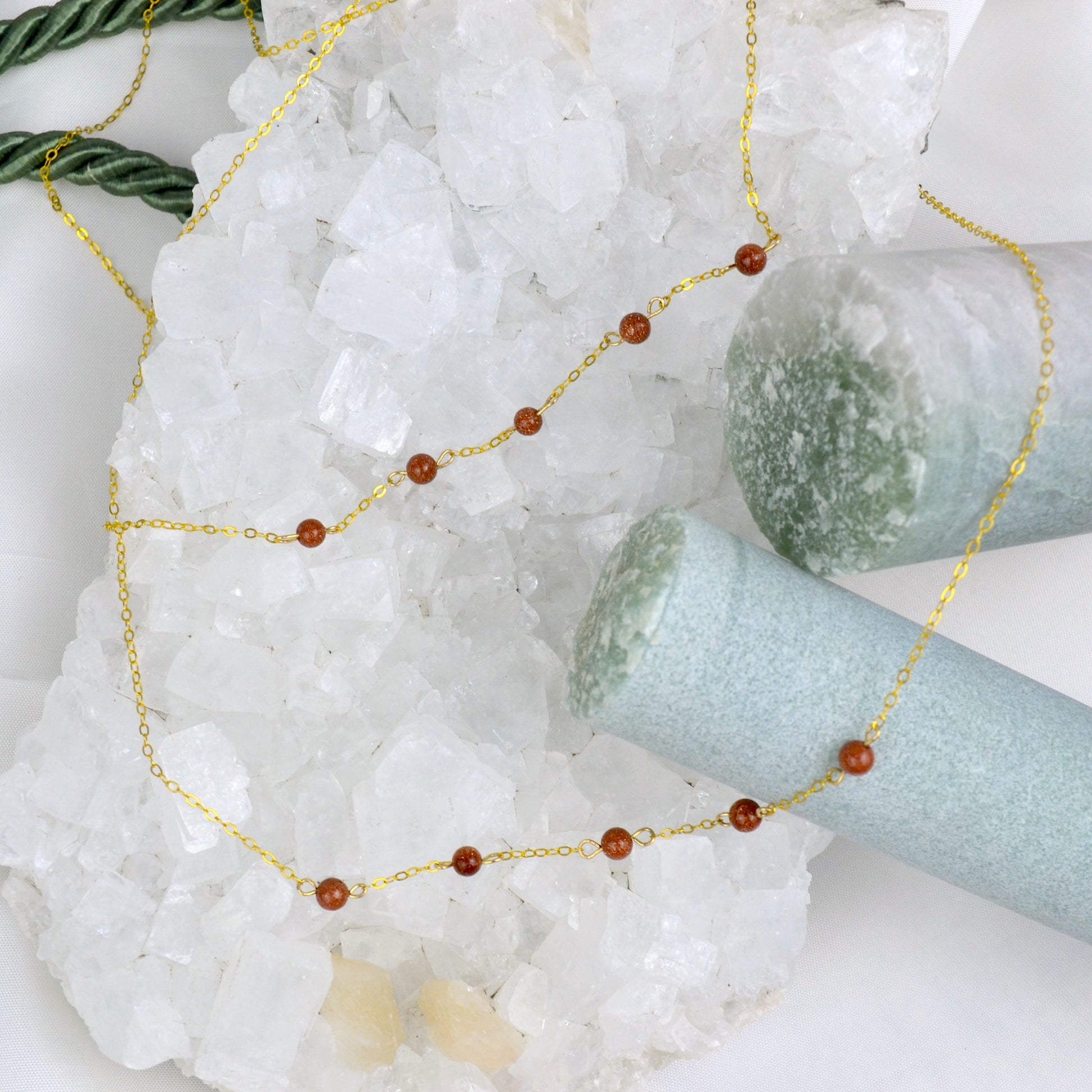 goldstone beaded necklace with 14K gold crystal jewelry with healing crystals